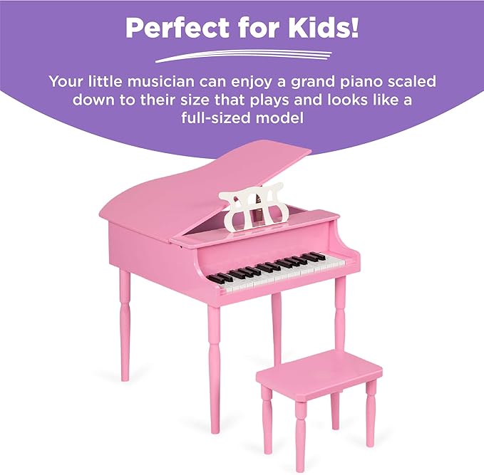 Best Choice Products Kids Classic Wooden 30-Key Mini Grand Piano Musical Instrument Toy w/ Piano Lid, Bench, Foldable Music Rack, Song Book, Note Stickers, Enamel Finish - Pink