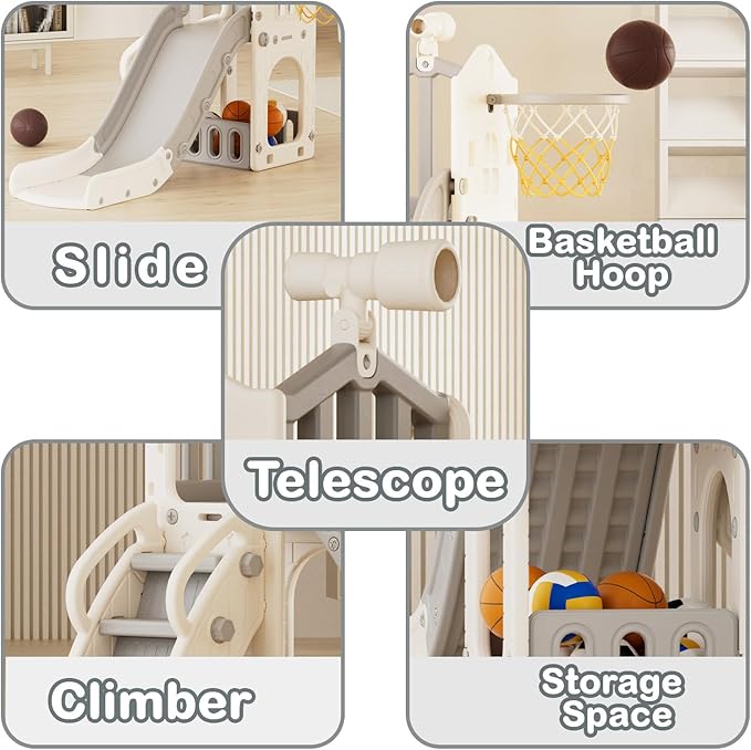 XJD 5 in 1 Toddler Slide, Kids Slide for Toddlers Age 1-3, Outdoor Indoor Playset for Toddlers with Basketball Hoop and Ball, Storage Space Christmas Birthday Gifts for Toddler (Gley)