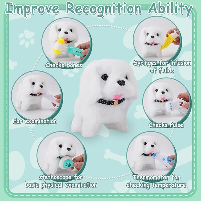 TEUVO Toy Doctor Kit for Girls - Pretend Play Doctor Set with Dog Toy, Carrying Bag & Stethoscope & Dress Up Costume - Toys Doctor Play Gift for Kids Toddlers Ages 1 2 3 4 5 6 7 Year Old for Role Play