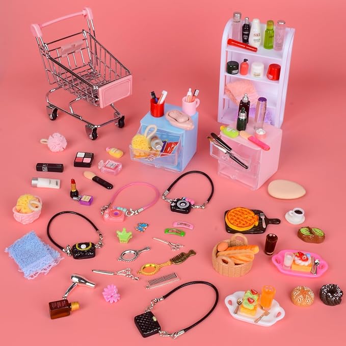 100 Pcs Dollhouse Mini Cosmetic Set，Miniature Bathroom Accessories，Mini Makeup Pretend Play Gifts for Girls，Jewelry Storage Case Shelf Handbag Camera Toiletries Dollhouse DIY Micro Scene