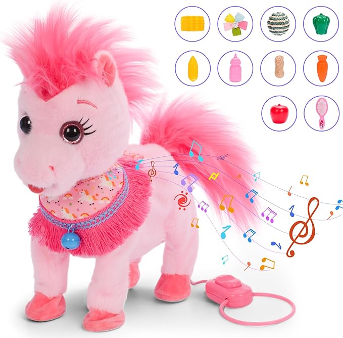 Pink Walking Pony Set Interactive Talking Singing Dancing Horse Walk Along with Remote Control Leash Plush Pony Pet Toy for Kid, Nod Lick Wag Repeat What You Say, 3+ Girl Boy