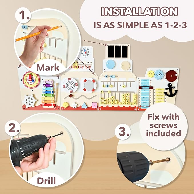 Cateam Sensory Wall Panel for Kids - Activity Wall Busy Board for Toddlers and preschoolers. 16in1 Learning Activity Center. Wooden Montessori Toys for Education and Early Development - Ship