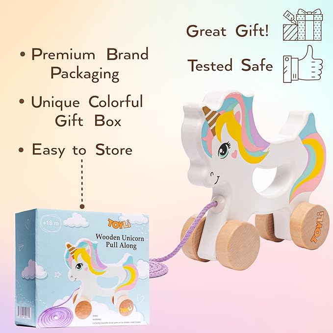Wooden Unicorn Push & Pull Along Toy Developmental Montessori Toddler Pull Toys Improves Balance Strength Confidence for Infants Develop Cognitive Skills Baby Toddlers 18 Month Pull Toy