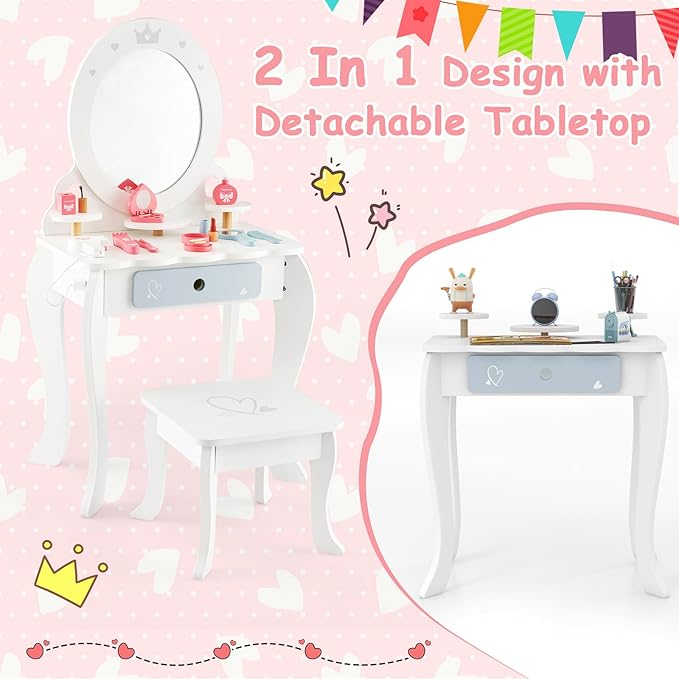 HONEY JOY Kids Vanity, Toddler Wooden Makeup Vanity Table & Chair Set, 10 Pcs Pretend Play Dressing Accessories Toy, Tri-Fold Princess Mirror, Little Girls Vanity Set with Mirror and Stool, White