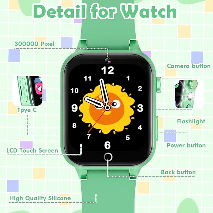 Luyiilo Smart Watch for Kids, with 26 Puzzle Games, Touch Screen, HD Camera, Alarm Clock, Toys for Ages 4-12 Years Old.Birthday Gift for Boys Girls (Green)