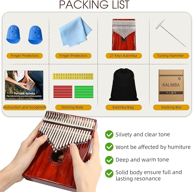 Kalimba Thumb Piano,YUNDIE Portable 21 Keys Mbira Finger Piano with Tune Hammer and Study Instruction,Musical Instruments Gift for Adult Beginners Professional(Brownish Red) (21 Keys)
