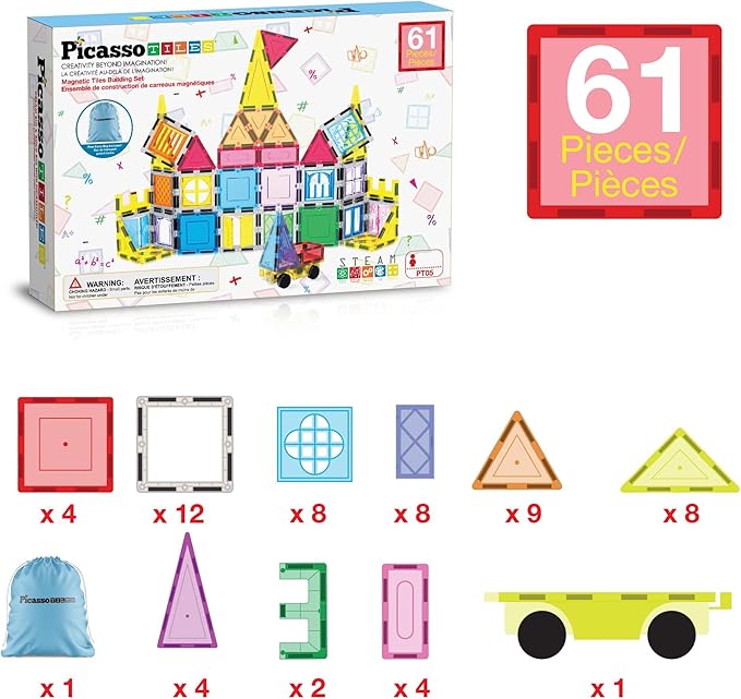 PicassoTiles Magnetic Tiles Toddler Toys Magnetic Building Blocks for Kids 61 Piece STEM Educational Toys for Girls & Boys Ages 3-12 Play for Preschool Learning Stocking Stuffer
