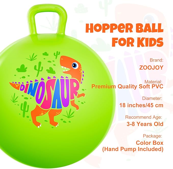 ZOOJOY Hopper Ball for Kids Aged 3-8, 18In Bouncy Balls with Handle, Green Dinosaur Hoppity Hop Ball with Pump, Indoor Outdoor Inflatable Jumping Hopping Toys for Boys Girls Girls