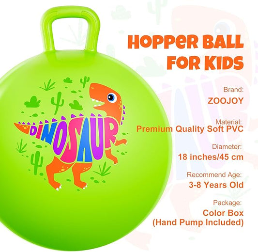 ZOOJOY Hopper Ball for Kids Aged 3-8, 18In Bouncy Balls with Handle, Green Dinosaur Hoppity Hop Ball with Pump, Indoor Outdoor Inflatable Jumping Hopping Toys for Boys Girls Girls