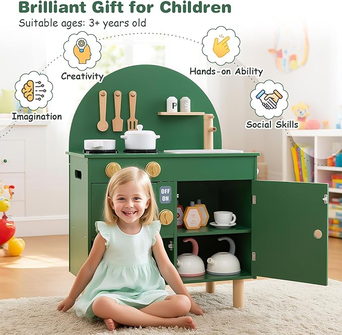 Costzon Kids Kitchen Playset, Little Chef Pretend Play Kitchen w/Stoves, Faucet, Sink, Microwave, Cabinet, Oven & Cooking Accessories, Wooden Play Kitchen for Kids 3+ Years Old (Green)