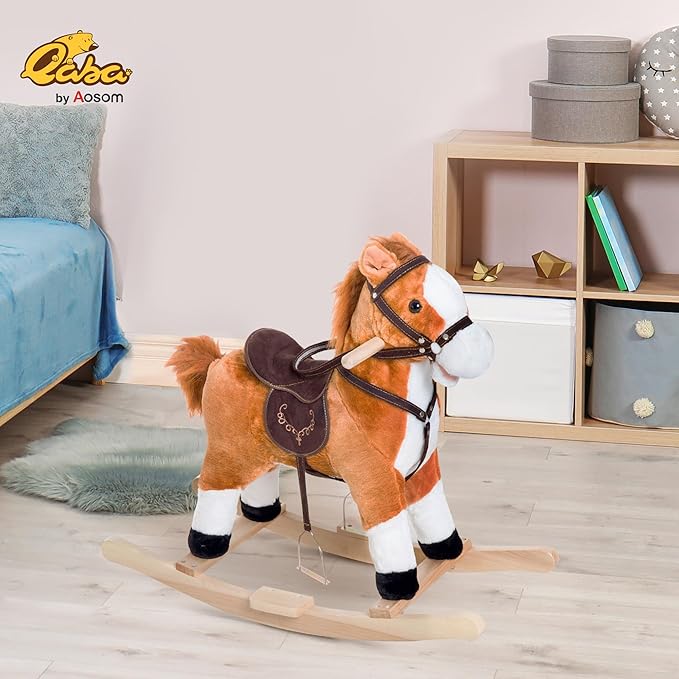 Qaba Kids Plush Toy Rocking Horse Ride on with Realistic Sounds - Brown