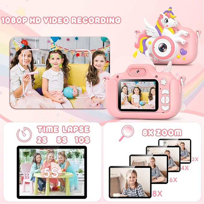 Kids Camera Toys Digital Camera for Girls Boys, Christmas Birthday Gifts for Kids Age 3-12, Selfie 1080P HD Video Digital Camera for 3 4 5 6 7 8 9 10 Year Old Girls with 32GB TF Card