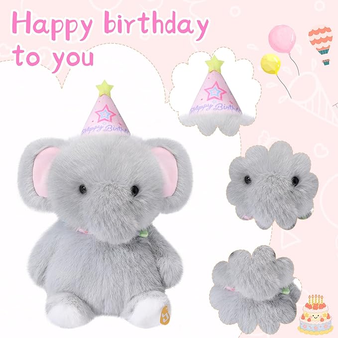 Birthday Elephant Plush Toy Clap Activated with Voice Recording Singing Dancing Interactive Stuffed Animal Gift for Toddler Kids Boys Girls