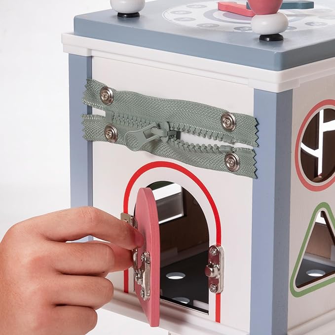 Donmills Wooden Activity Cube Toddler Montessori Toys, Baby Activity Cube with Bead Maze, Shape Sorter Toy, Bonus Sorting & Stacking Board, Learning & Education Toys Birthday Gift for Boys and Girls