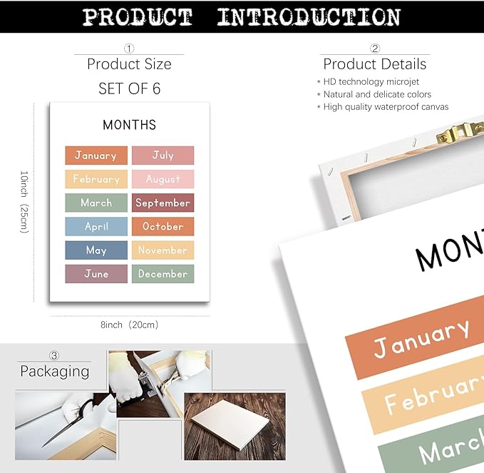 Framed Set of 6 Alphabet Poster, Abc Chart, Number Chart Educational Posters For Classroom Homeschool Preschool Supplies, for Kids Ages 3-5 Baby Girl Nursery Wall Decor (8 x10 inch Framed)