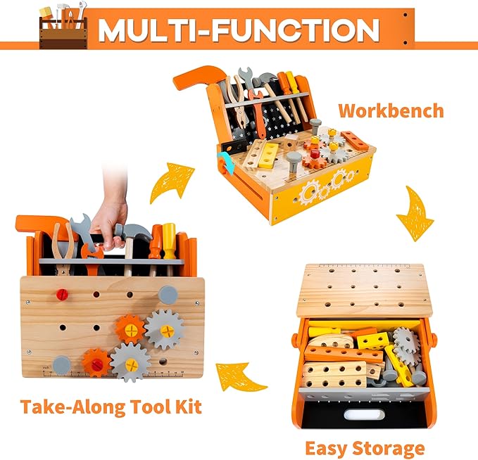 KIDWILL Wooden Tool Bench for Kids, 54-Piece Kids Tool Set with 2-in-1 Workbench & Take-Along Tool Kit, STEM Educational Toy Tools for Kids Ages 3 4 5 6 7 8 Years Old, Boy Toys