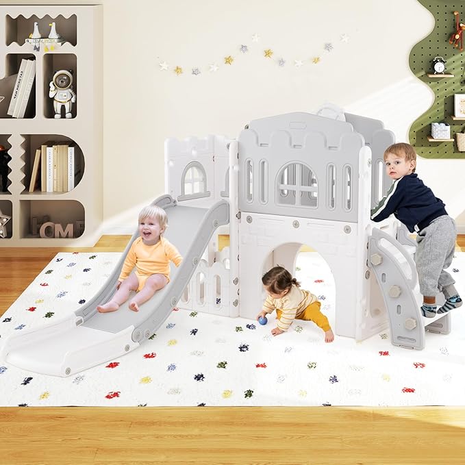 Costzon 9 in 1 Toddler Slide, Kids Slide and Climber Playset with Basketball Hoop, Telescope, Steering Wheel, Aisle, Tunnel & Storage Space, Baby Indoor Playground for Kids Aged 1+