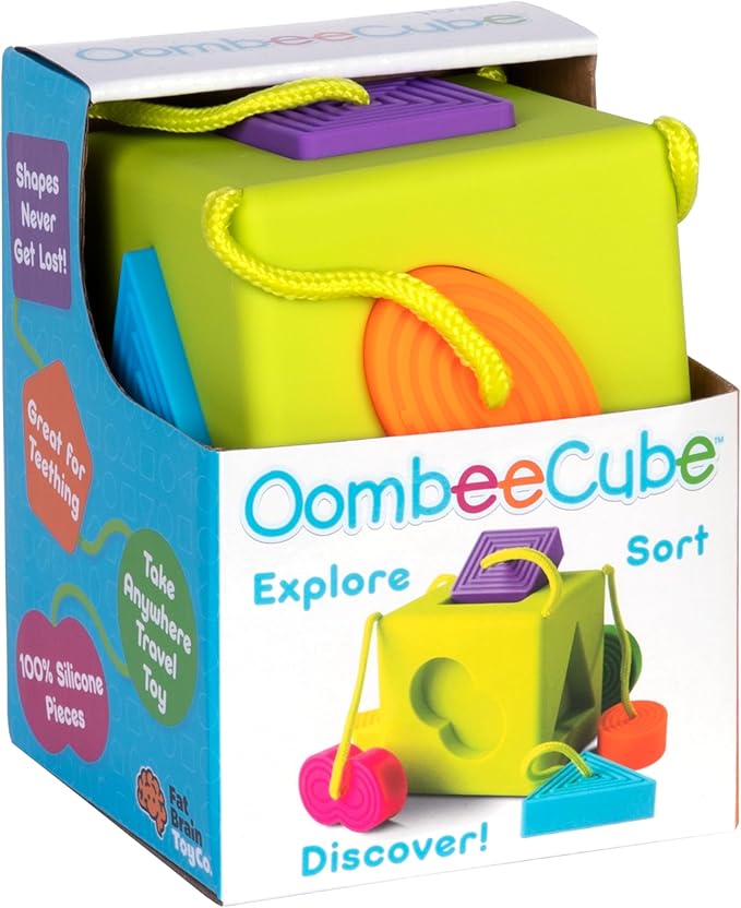 Fat Brain Toys OombeeCube, Toddler and Baby Toys 10 Months and Up, Travel-Friendly Shape Sorter with Tethered Shapes for Early Learning