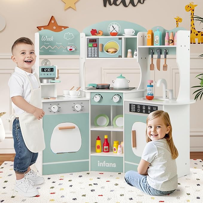 INFANS Corner Kids Kitchen Playset, Toddler Wooden Pretend Cooking Set with Lights Sounds Coffee Machine Washing Machine, Stove Removable Sink Storage Cabinet, Simulation Play Kitchen Toy (Blue)
