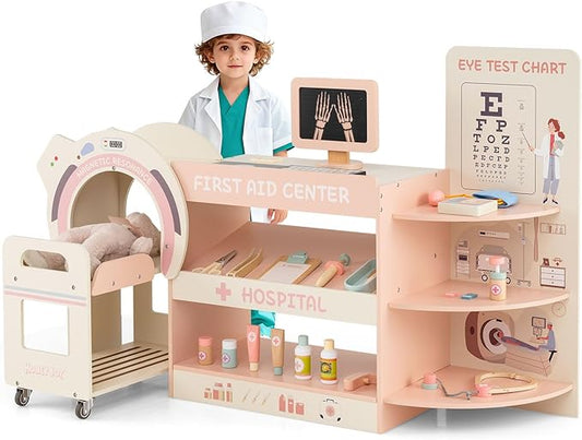 Costzon Kids Doctor Play Set, Wooden Pretend Doctor Kit w/ Eye Chart, Toy CT Machine, Realistic Medical Station & 20 Hospital Accessories, Toy Medical Center Playset for Boys Girls Aged 3+ (Pink)