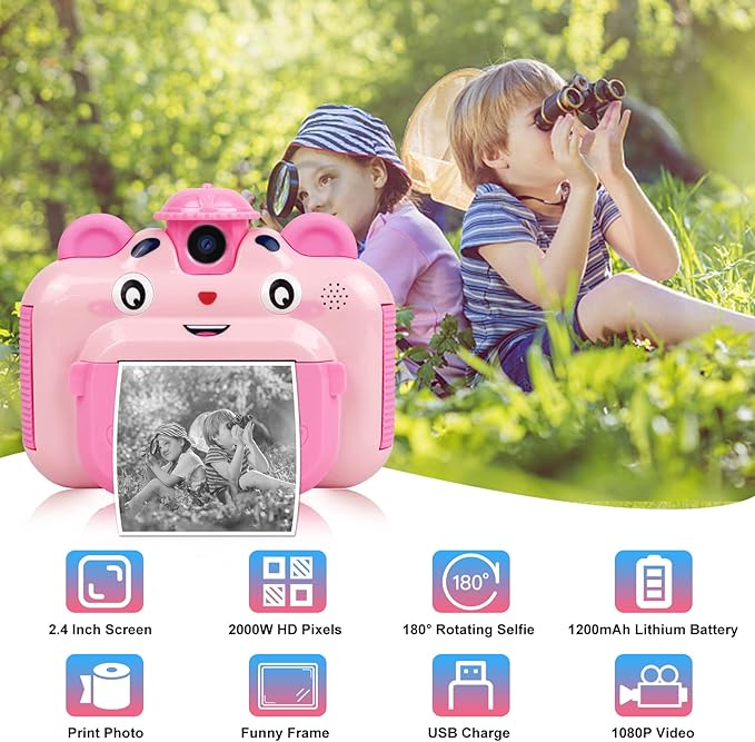 Instant Print Digital Camera for Kids, Toddler Camera, 20MP Selfie Video, Children's Toy, Christmas & Birthday Gift for 6-12 Year Old Girls & Boys, Pink