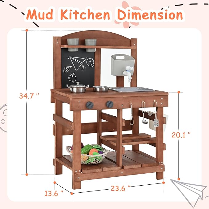 Kids Mud Kitchen Outdoor 23.6in, Wooden Play Kitchen with Sink & Stove, Utensils, Mud Kitchen for Kids Outdoor