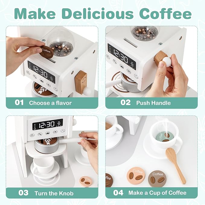 INFANS Corner Kids Kitchen Playset, Toddler Wooden Pretend Cooking Set with Lights Sounds Coffee Machine Washing Machine, Stove Removable Sink Storage Cabinet, Simulation Play Kitchen Toy (White)