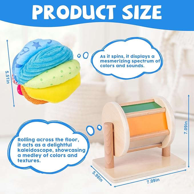 Montessori Baby Toys Play Kit Montessori Mirror Peekaboo Knob Puzzle, Medium Spinning Drum and Rainbow Fabric Ball Kit Toys for6-12Months Toddlers (Play Kit 3)