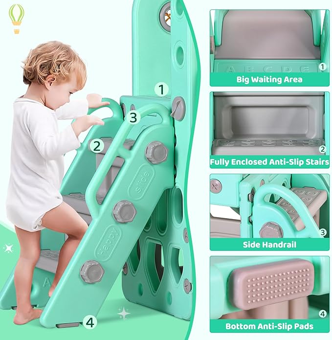 Arlopu 7 in 1 Toddler Slide and Swing Set, Kids Climber Playset with Ball & Hoop, Telescope, Suction Cup Reinforced Base, Baby Indoor Outdoor Playground (Light Green)
