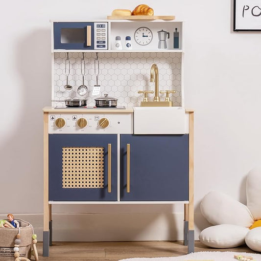 ROBOTIME Wooden Play Kitchen, Kids & Toddlers Kitchen Playset, Kids Play Kitchen Pretend Play Set with Lights & Sounds, Toy Kitchen for Ages 3+ (Blue)