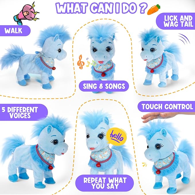 Blue Interactive Walking Singing Pony, Toy Horse Talking Dancing Pony with Leash, Electric Plush Pony Horse Pet Toy for Toddler, Nod Lick Wag Repeat What You Say 3+ Girl Boy Kid