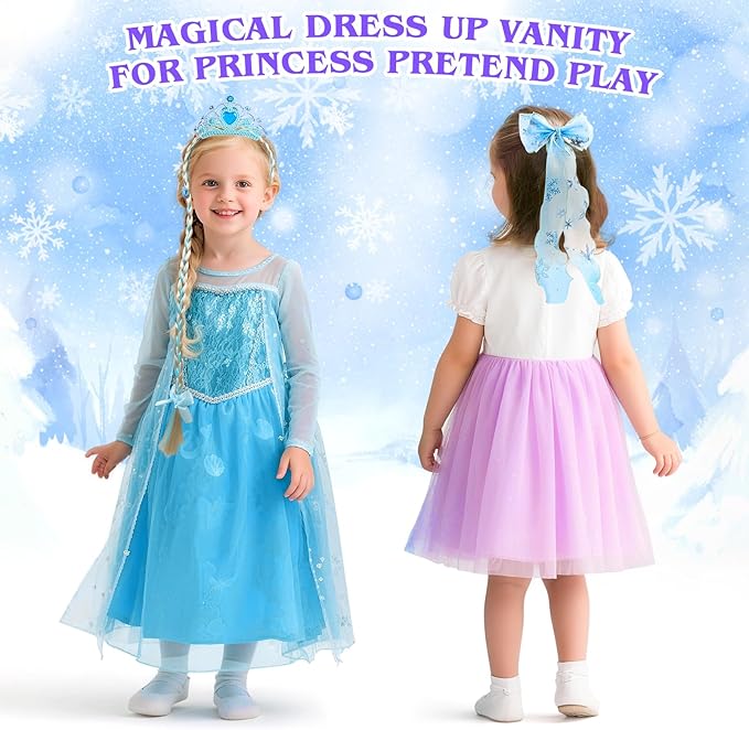 Princess Vanity for Toddlers Girls 3-5 Years Old, Kids Vanity Table and Chair Set with Magic Mirror Light Music, Toddler Makeup Dresser Set, Interactive Pretend Play Dress Up Beauty Salon Toys Gifts
