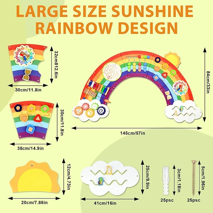 5FT Large Sunshine Rainbow Wooden Activity Wall Panel Christmas Gift Educational Montessori Toy for Toddler Kids Interactive Sensory Activity Busy Board Daycare Learning Center Toddler Room Decor