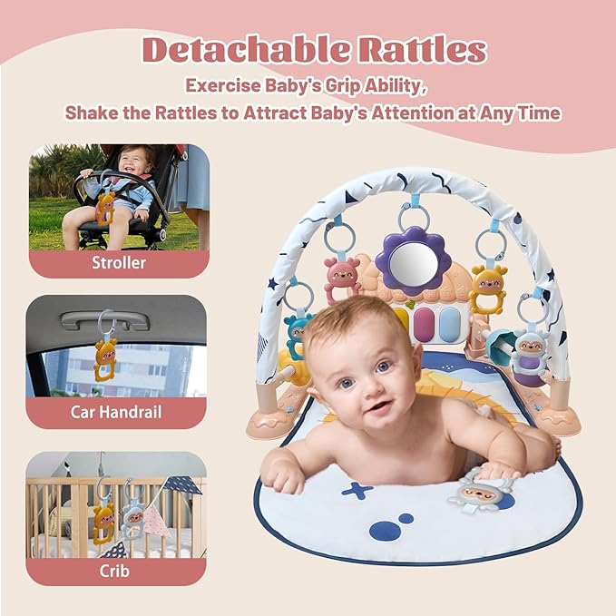 Baby Play Mat Activity Gym, Musical Activity Center, Kick and Play Piano Gym, Tummy Time Mats for Newborn Babies Infants Toddlers Boys Girls 0-3-6-9-12 Months (Apricot)