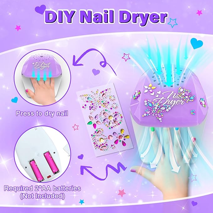 Kids Nail Polish Set for Girls Toys, Washable Quick-Dry Toddler Nail Art Kit with Air Cooling Dryer and Cosmetic Case, Christmas or Birthday Gifts for Girls Ages 3 4 5 6 7 9 10 11 12-Purple