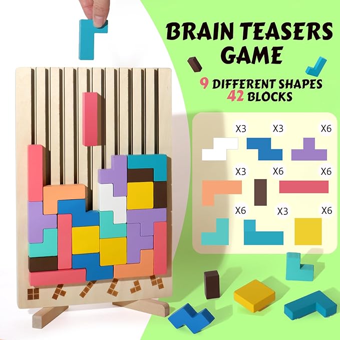 Wooden Russian Blocks Puzzle Brain Teasers Toy Tangram Jigsaw Puzzle Intelligence Colorful 3D STEM Montessori Educational Gift for Boys and Girls,Board Game Educational Toys for Toddlers 3-6 Years