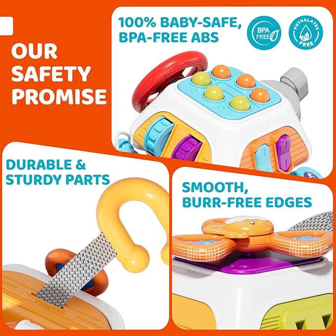 10-in-1 Montessori Busy Board for 1 Year Old - Toddler Toys 1-2 Years with Car Steering Wheel & Keys, Car Travel Toys for Toddlers 1-3, Sensory Activity Cube, Birthday Gifts Baby Boys Girls