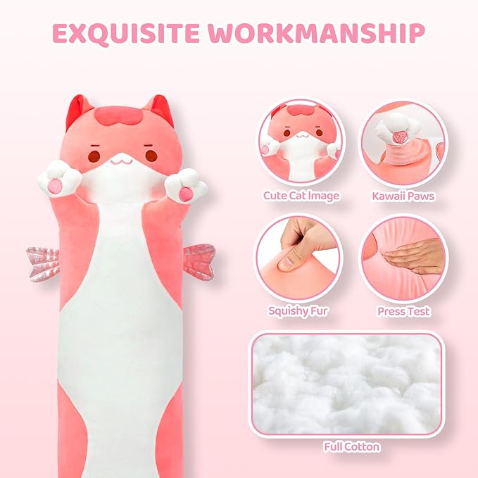 Mewaii Long Cat Plush 5 Sizes, 120% Extra Filling Giant Plushness Kids Body Pillow, Kawaii Cute Pink Cat Stuffed Animals Plushies, Big Long Body Pillow Cat Plush Gift for Girls 28”