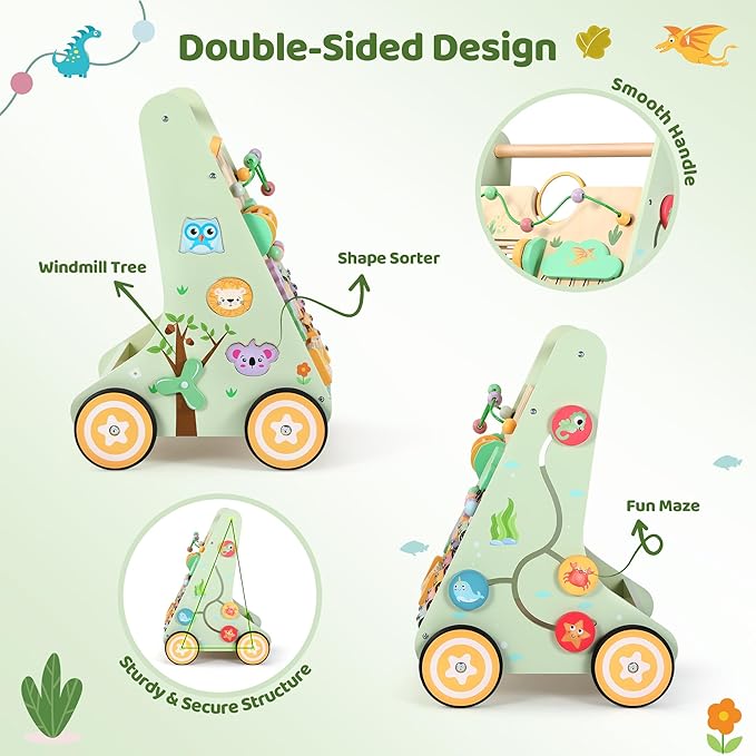 Wooden Baby Walker with Adjustable Speed, Montessori Push Walker Toy with Activity Center & Wheels, Sturdy Learning Toy for Boys and Girls