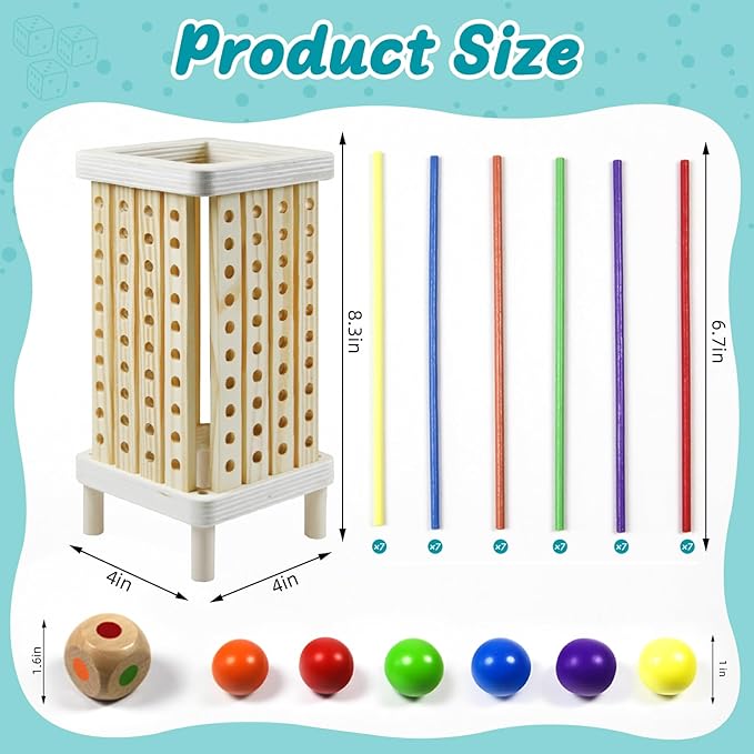 Montessori Game Wooden Board Game, 42 Colorful Wooden Sticks Dice Game Math Learning Toys for 3 4 5 6 Year Olds, Fine Motor Skill Toy for 3+ Year Olds Girls Boys,Family Game Travel Toys Gifts for Kids