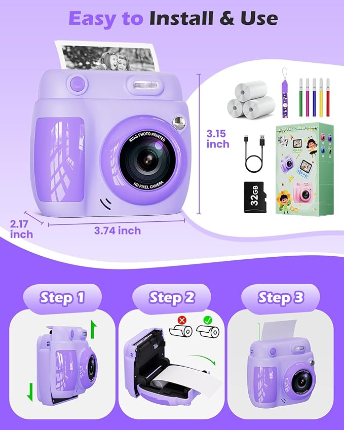 Kids Camera Instant Print - Christmas Birthday Gifts for Girls Boys Age 3-12, 1080P Video Digital Camera with 3 Rolls Printing Paper, Toddler Travel Toy Camera for 4 5 6 7 8 9 10 11 Year Old - Purple