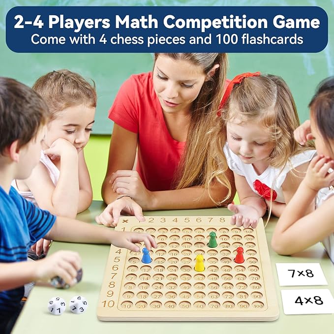 BAKAM Wooden Multiplication Board Math Game for Kids 8-12, Math Manipulatives Set with 100PCS Flash Cards for Kids 6-8 Years Old, Montessori Counting Toy Preschool Learning