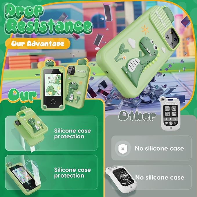 Luyiilo Kids Smart Phone Toys for Boys,Dinosaurs Gift Toys for Boys Ages 3-9 Christmas Birthday Gifts Mini Smart Phone Toys With 2.8" Touchscreen 16 Learning Games Dual Camera Music Player, 8G SD Card