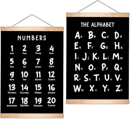 HEYJEEPER Kids Alphabet and Numbers Learning Posters Set of 2,18.5x14 Inch Linen&Canvas Educational Wall Art with Wood Hanger, ABC 123 Chart for Toddlers Classroom Nursery Playroom Decor(Black)