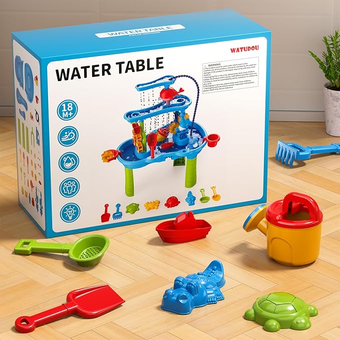 3-Tier Water Table with Pump for Toddlers Kids Ages 3-5 4-8, Outdoor Water and Sand Table Beach Toys, Toddler Activity Sensory Water Sand Table with Rain Showers Splash Pond for Kids Boys Girls