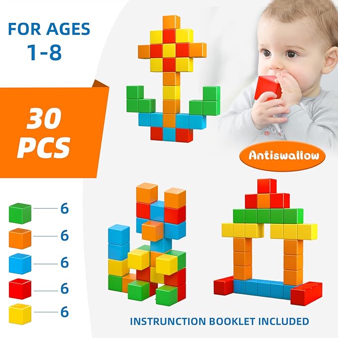 Magnetic Blocks, 1.41 inch Large Magnetic Building Blocks for Toddlers 3 4 5 6 7 8 Years Old Boys Girls Magnet Cubes for Kids 1-3 Montessori Toys STEM Preschool Educational Building Cube 30 Pcs