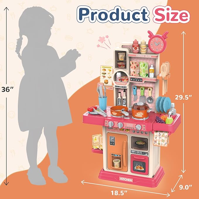 cossy Kids Play Kitchen,Toddler Kitchen with Sound and Light,Cooking Stove with Steam,Play Food Toy and Kitchen Accessories,Play Kitchen for Toddlers,Pink