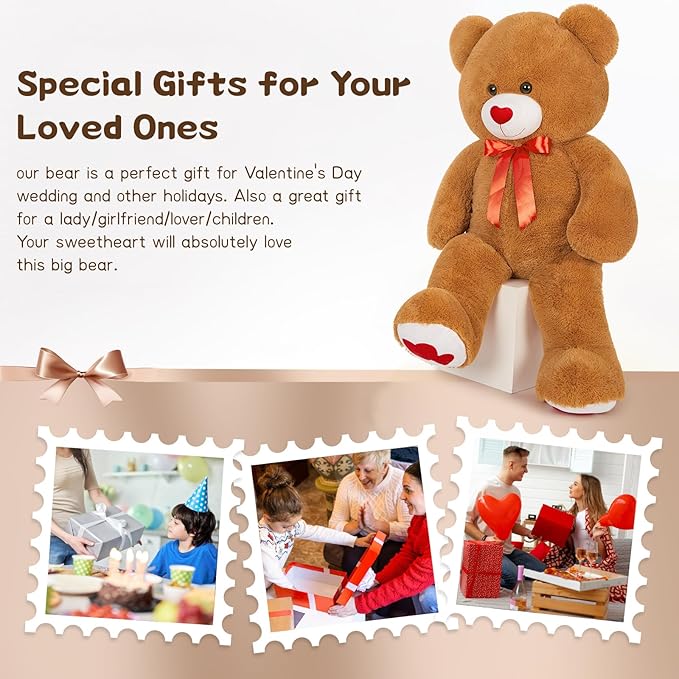 Tezituor Giant Teddy Bear Stuffed Animal 4ft with Love Red Heart - Large Plush Toys for Valentines Christmas Birthday, Dark Brown
