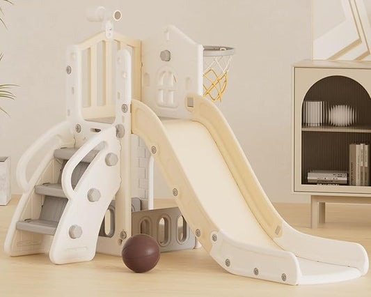 XJD 5 in 1 Toddler Slide, Kids Slide for Toddlers Age 1-3, Outdoor Indoor Playset for Toddlers with Basketball Hoop and Ball, Storage Space Christmas Birthday Gifts for Toddler (Beige)