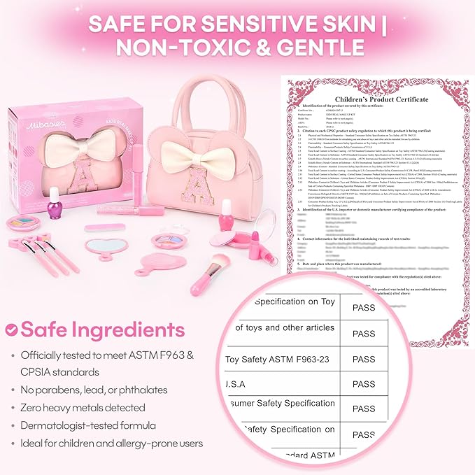 Kids Real Makeup Kit for Girls - 18Pcs Non-Toxic Washable Make Up Toys with Initial Toddler Purse - Personalized Birthday Gifts for Age 3 4 5 6 7 8 9 10 Years Old Girls Vanity Set - H